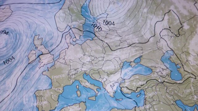 Weather visualization jet stream winds pressure lines  Europe Iceland low pressure North Atlantic computer screen Moving camera shot Weather wind satellite view map Precipitations temperature