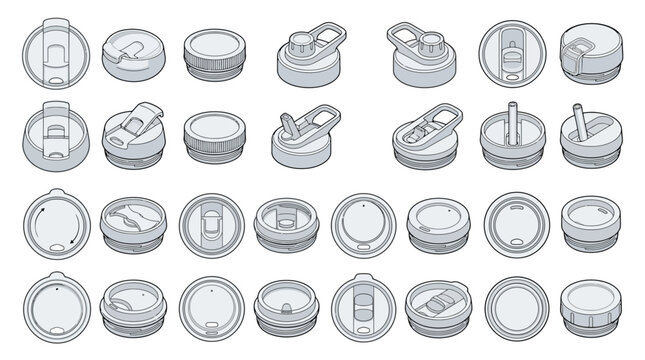 Set of various reusable water bottle caps and lids, illustrating different designs and mechanisms for sealing and drinking
