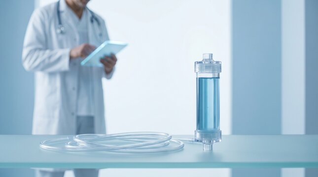 Immunoadsorption therapy filter cartridge with tubing on clinical table and doctor in background, concept of autoimmune disease treatment and blood purification.