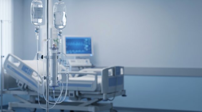 ICU infusion setup with dual IV fluid bags, transparent filter cartridge and tubing beside a hospital bed, concept of intensive care fluid therapy and monitoring.