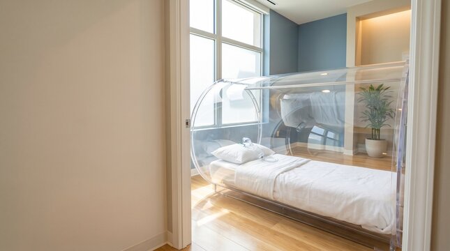 Hyperbaric oxygen therapy chamber with bed and oxygen mask in a bright wellness clinic room, concept of HBOT treatment and medical recovery.