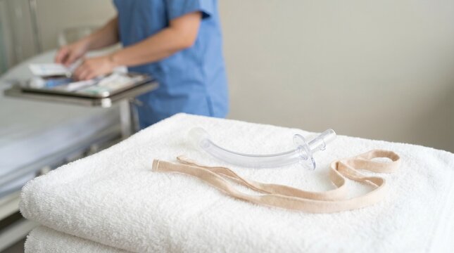 Tracheostomy tube with soft neck ties on a clean white towel in a clinical room, concept of respiratory care, airway management and patient aftercare.