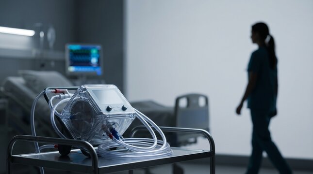 ECMO life support machine with tubing on a hospital cart beside an ICU bed, nurse silhouette in background, concept of critical care and extracorporeal circulation.