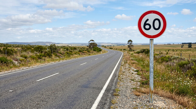 A single speed limit sign (60 km/h) on an empty highway, bright daylight, realistic asphalt road, sharp focus.