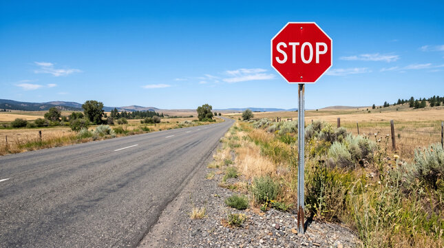 A single STOP traffic sign standing beside an empty road, clear blue sky, realistic roadside environment, ultra detailed.