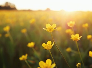 Fototapeta premium Field of yellow buttercups bloom in warm sunlight. Delicate flowers sway gently in breeze. Soft golden hour light creates peaceful meadow scene. Nature in full summer splendor.