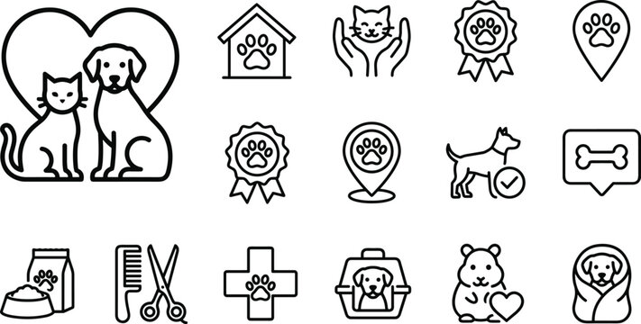 Collection of pet care and animal welfare thin line vector icons.