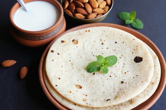 Flatbread pathiri with mint leaves served with milk and almonds. Traditional South Indian breakfast from Kerala India. Popular meal for Muslim holidays.