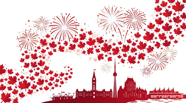 Fireworks exploding over city skyline silhouette. happy Canada Day
