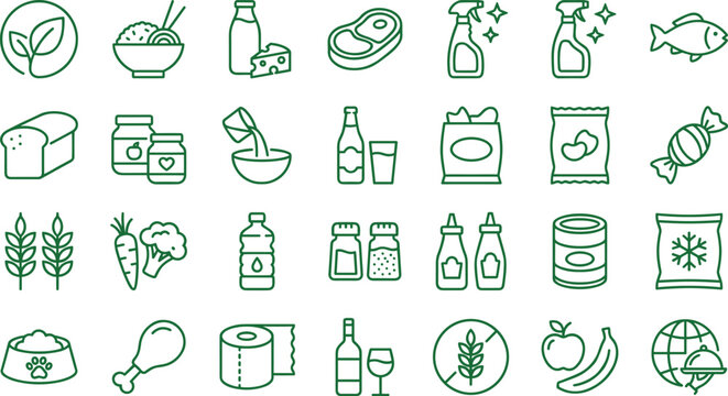 Set of grocery store and supermarket shopping icons.