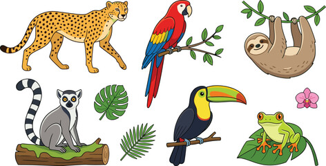 Obraz premium Tropical Rainforest Animal Vector Collection Featuring Cartoon Cheetah, Scarlet Macaw, Hanging Sloth, Ring-Tailed Lemur, Toucan, Tree Frog, and Jungle Leaves