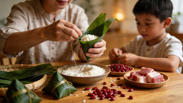 Woman and child making rice dumplings