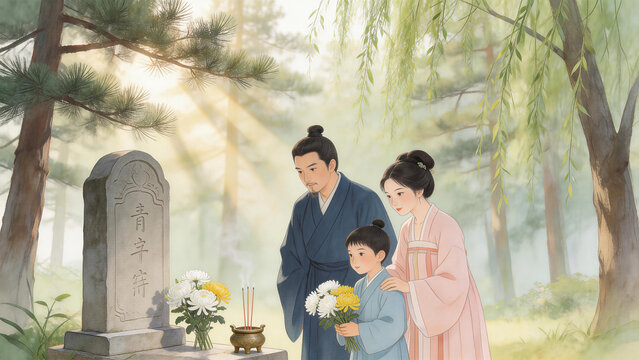 Family at a grave site in traditional attire