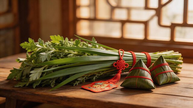 Zongzi and herbs on wooden table