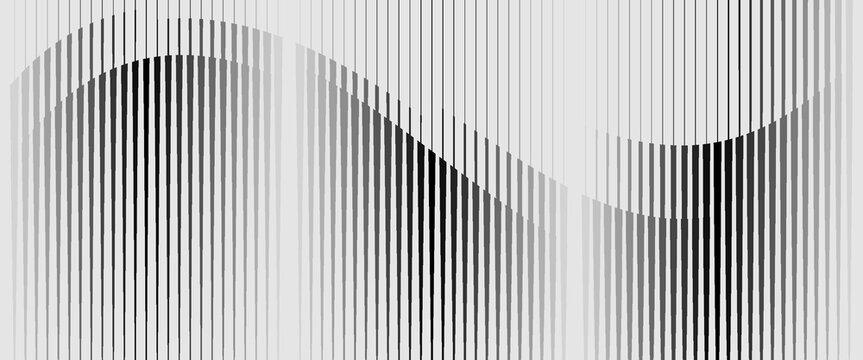 Abstract audio soundwave background with black vertical lines forming sine wave. Minimalist vector op art texture with dynamic signal distortion effect for techno music banner.
