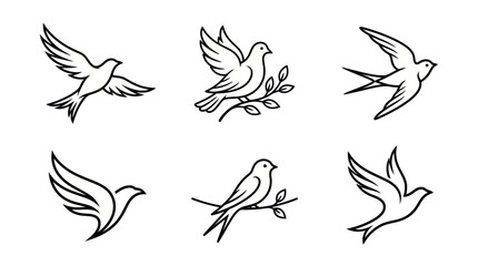Obraz premium Set of Six Dove and Swallow Bird Line Art Icons - Vector Illustrations