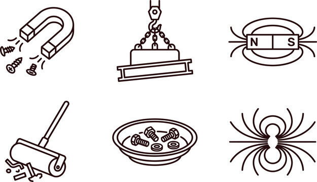 Set of magnetism line icons illustrating magnetic force fields and industrial applications for science education and physics concepts