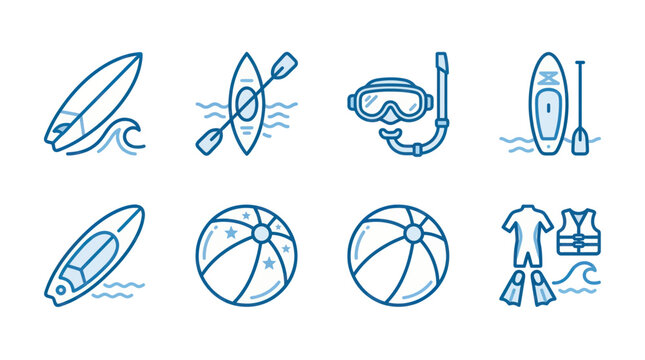 Summer Water Sports Icons: Surfboard, Kayak, Snorkel, Paddleboard, Beach Balls, Wetsuit