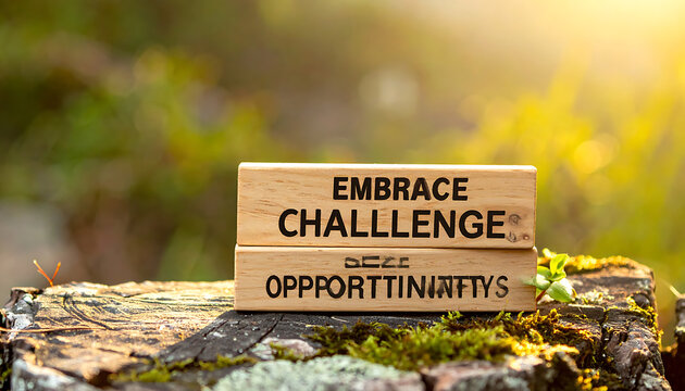 Wooden blocks with motivational text embrace challenge seize opportunity placed on mossy forest stump with warm sunlight
