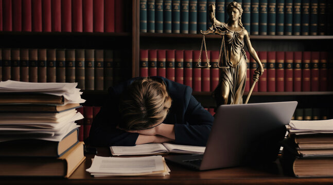 Overworked female lawyer naps at desk with piles of papers. Laptop open near Statue of Justice on bookshelf background. Mental health challenge.