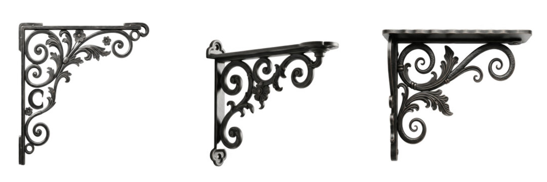 Set of vintage black wrought iron decorative shelf bracket or architectural corner brace with ornate scrollwork details isolated on a clean white background graphic.