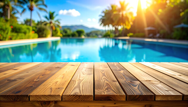 Rustic wooden table surface overlooking blurred tropical swimming pool with sunset lens flare, summer vacation relaxation, holiday resort background