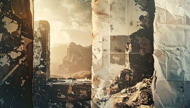 Ruined stone architecture framing distant mountains at golden hour with dusty atmosphere