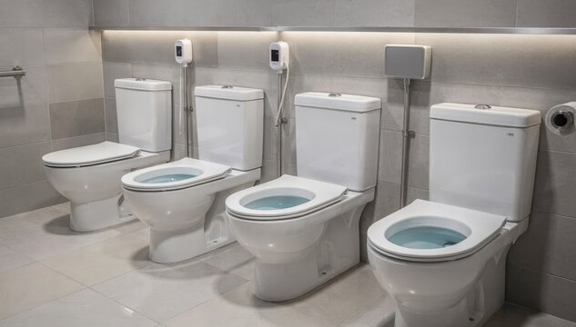 Medium view of a lowflow design toilet station where bowls are flushed and monitored for water usage demonstrating ecofriendly water saving technology.