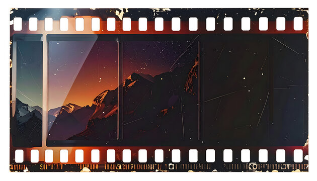 Vintage 35mm film strip overlay with sunset mountain landscape, distressed texture, film grain, light leaks, nostalgic cinematic aesthetic