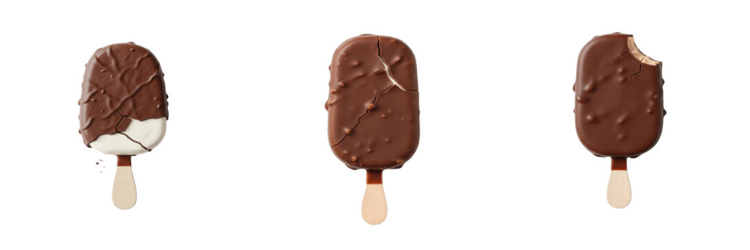 Set of chocolate covered ice cream bar or popsicle on a traditional wooden stick with a realistic frozen outer coating isolated on a white background for dessert menu.