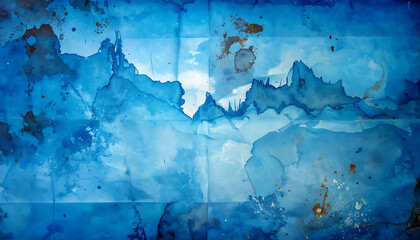Fototapeta premium Abstract blue watercolor wash background with stained paper texture and paint splatters