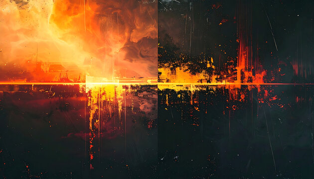 Abstract fiery digital glitch texture with glowing orange embers and dark pixelated atmospheric particles for cinematic background