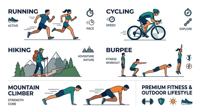 Cardio Activities Vector Sheet with Running Figure, Cycling Silhouette, Hiking Pose, Burpee and Mountain Climber in Dynamic Flat Design on White Background for High Energy Outdoor Cardio Concept