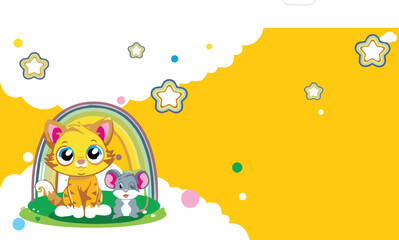 Fototapeta premium Cute Cartoon Cat And Mouse With Rainbow On Yellow Frame Vector Illustration For Kids Designs