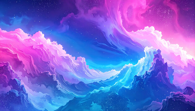 Vibrant pixel art nebula landscape with cosmic clouds, glowing stars, ethereal purple and blue stardust, immersive space wallpaper