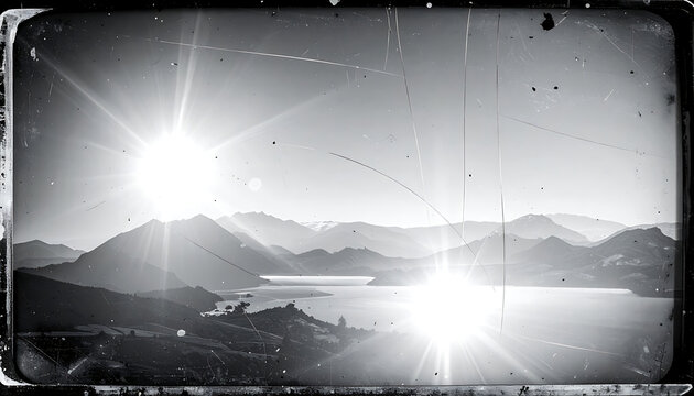 Vintage black and white mountain landscape with sun flare and film grain texture, retro filmstrip frame, nostalgic scenery for design overlays
