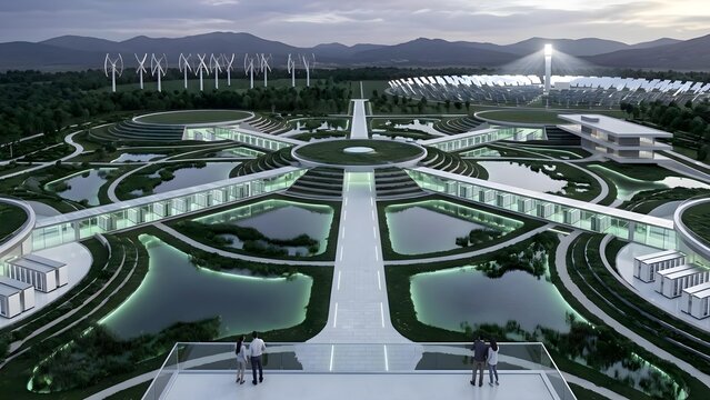 Symmetrical interior of a next-generation sustainable data center with white and green server racks. Wide-angle background image.