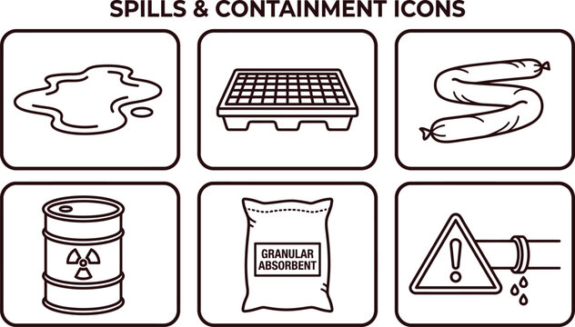 Collection of spills and containment icons depicting hazardous materials absorbent products and safety warnings perfect for industrial environmental and emergency response applications