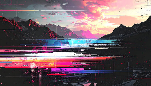 Glitch art landscape with digital distortion, vibrant neon sunset over mountains, retro data error effect, synthwave aesthetic scenery