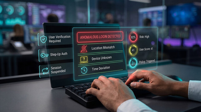 Close-up of person using cybersecurity system interface detecting anomalous login from unknown device and location mismatch, triggering adaptive authentication and identity verification workflow