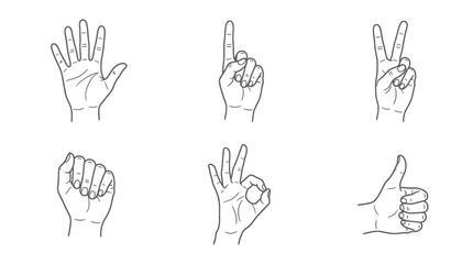 Fototapeta premium Set of Hand Gestures Line Art Icons: Counting, OK, Thumbs Up, Fist