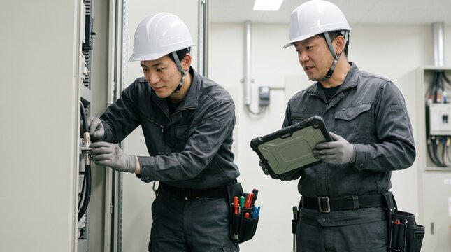 制御盤内で配線接続作業を行う若手電気工事士とタブレットで確認・指導する現場監督