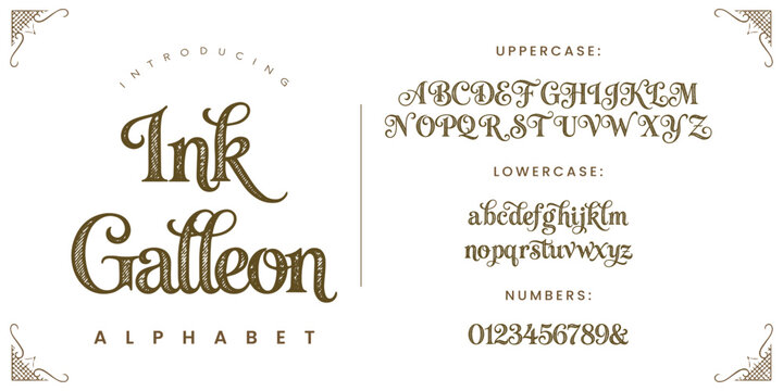 Ink Galleon font alphabet set with intricate hand drawn sketch style characters and numbers