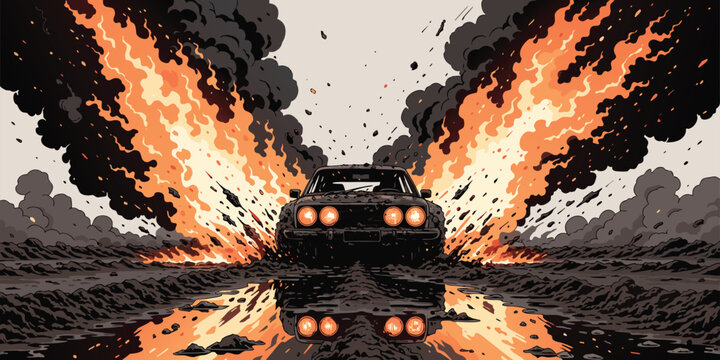Stylized graphic illustration of a dark car emerging from a massive explosion with fire and smoke