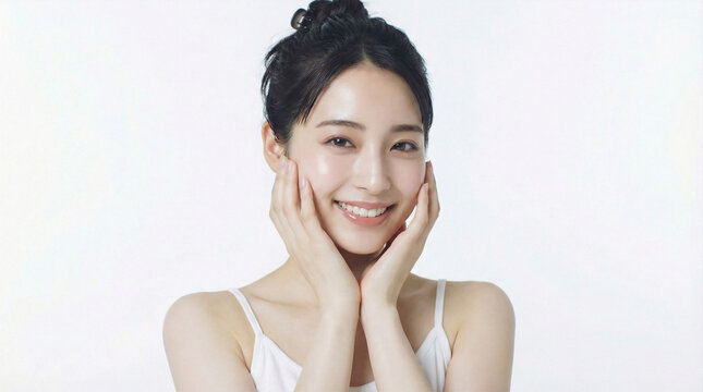 両手を頬に当てて満面の笑みを浮かべる日本人女性
