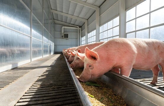Pink Farm Pigs Eating Side by Side in a Clean Organic Pig Barn