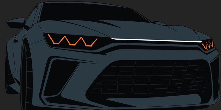 Stylized digital illustration of a sleek dark grey sports car featuring vibrant orange zigzag headlights
