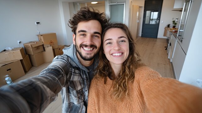 Excited first-time home buyers taking a selfie inside a new empty apartment, capturing moving day emotions in a bright modern interior with a realistic lifestyle photography style	
