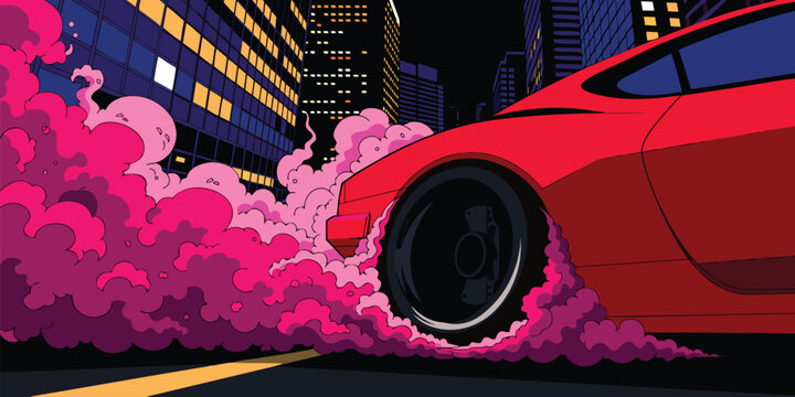 Comic style red sports car performing a burnout with vibrant pink smoke in a night city