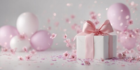 Fototapeta premium Festive pastel pink composition featuring a gift box, holographic confetti, and balloons, ideal for birthday and party themes.